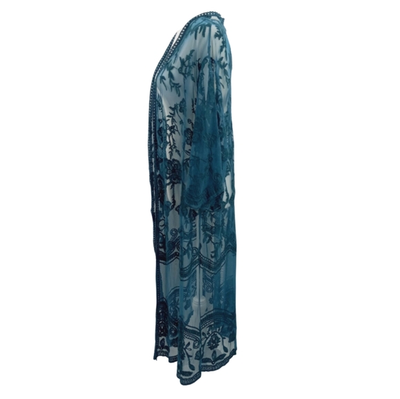 *SOLD* CRACKER BARREL Boho Chic Teal Floral Lace Mesh Kimono Duster Beach Cover - Picture 4 of 12